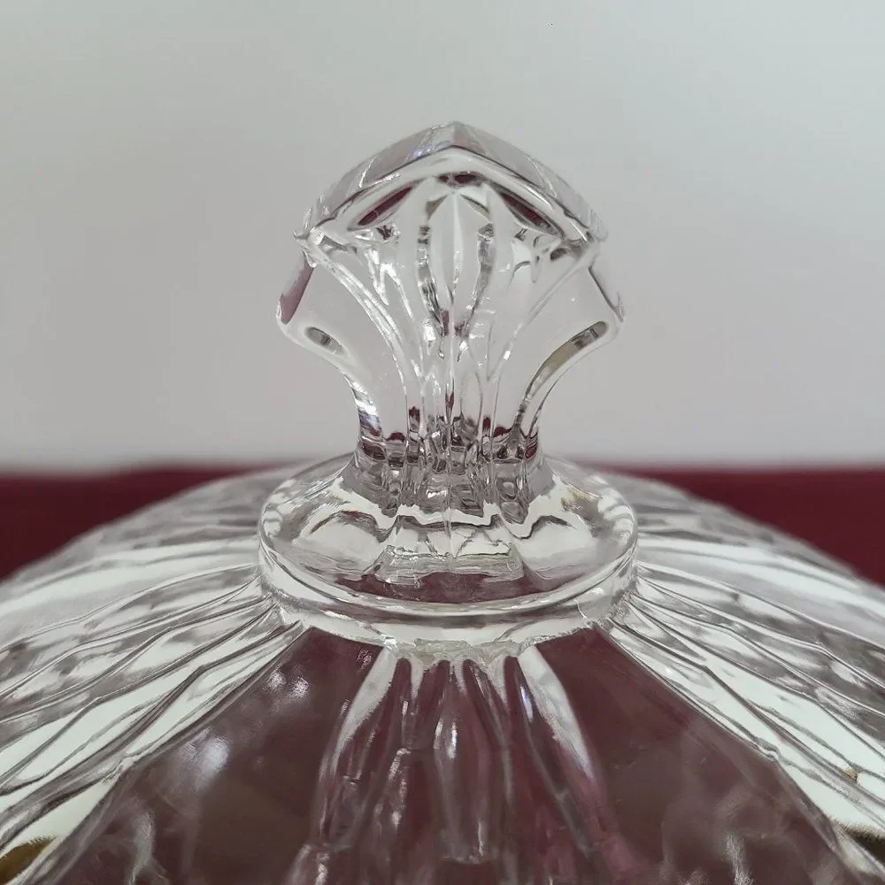 Three-Footed Pedestal Glass Candy Dish Covered Bowl Art Deco Geometric Design